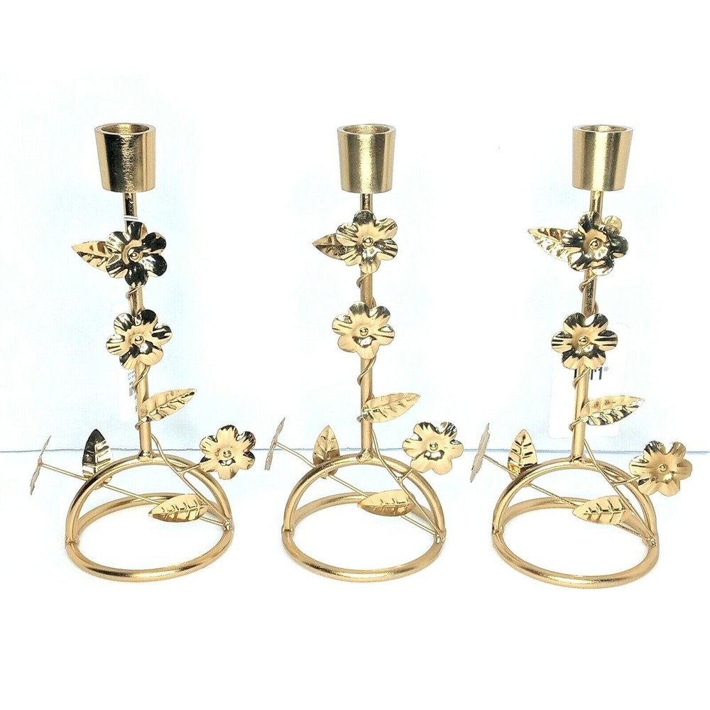 Pier 1 Taper Candle Holder 9" Single Arm Gold With Flowers Metal LOT OF 3 NWT